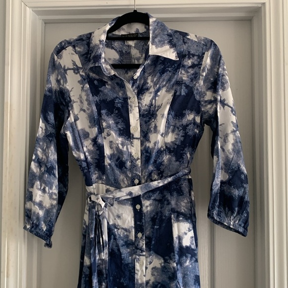 Venus Navy Blue & White Tie‎ Dye Button Front Maxi Dress sz 4 pleated tie waist - Picture 5 of 11